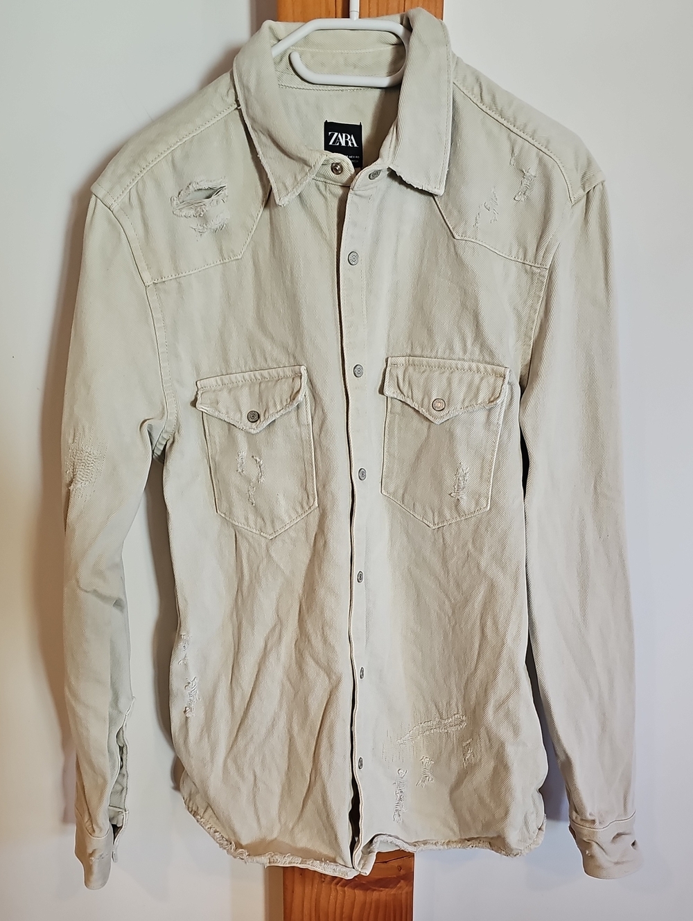 Zara Cream Distressed Denim Jacket - M